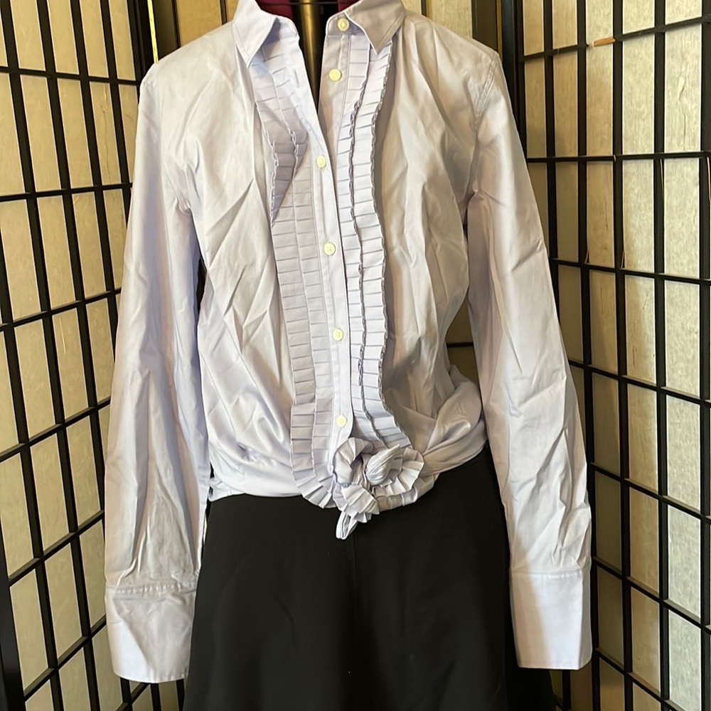 Light purple button down tuxedo style shirt with ruffles